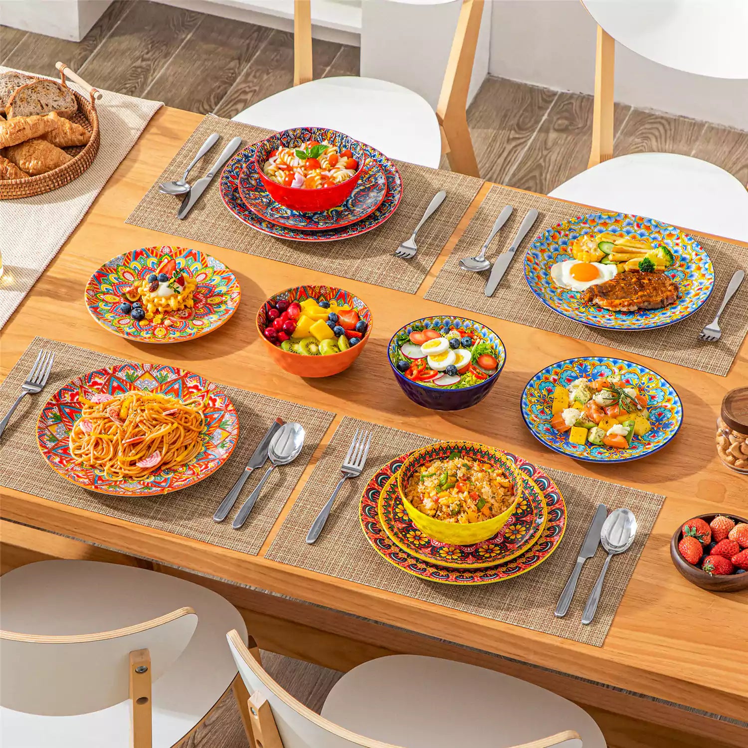 Bohemian Lumi 12 piece porcelain dinnerware set with vibrant patterned plates diamond embossed bowls served with steak eggs and fresh fruit on a wooden table