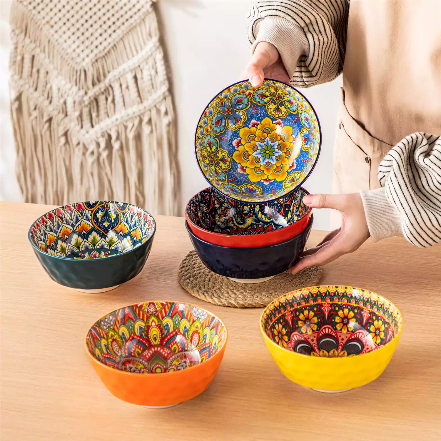 Colorful 26oz Lumi porcelain bowls on rattan placemats filled with oatmeal berries roasted broccoli and cherries on a linen table runner
