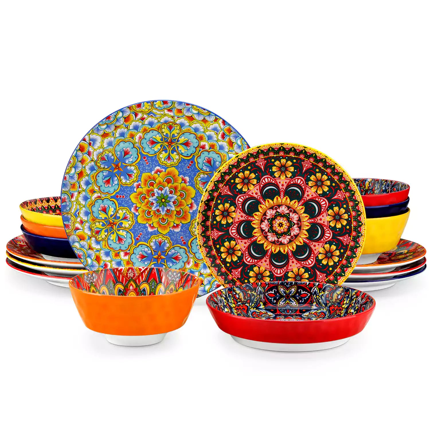Bohemian Lumi 16 piece porcelain dinnerware set with colorful patterned plates and diamond-embossed bowls on a wooden table with assorted food and cutlery