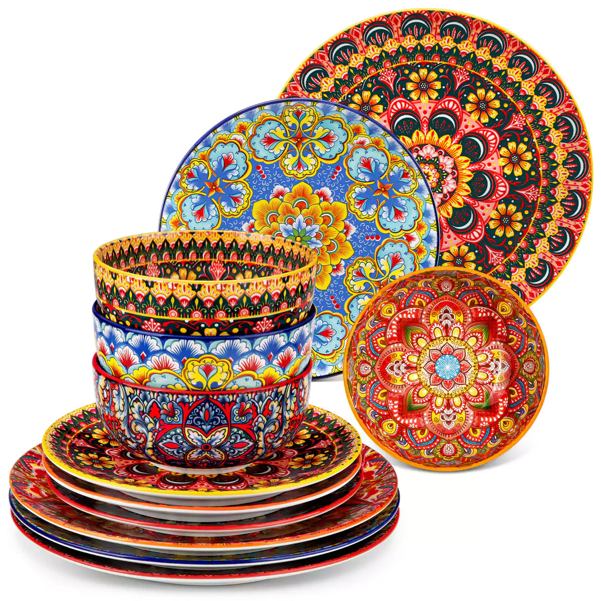 Lumi 12-piece Bohemian dinnerware set for 4 with colorful patterned plates and bowls on a wooden Boho dining table with food