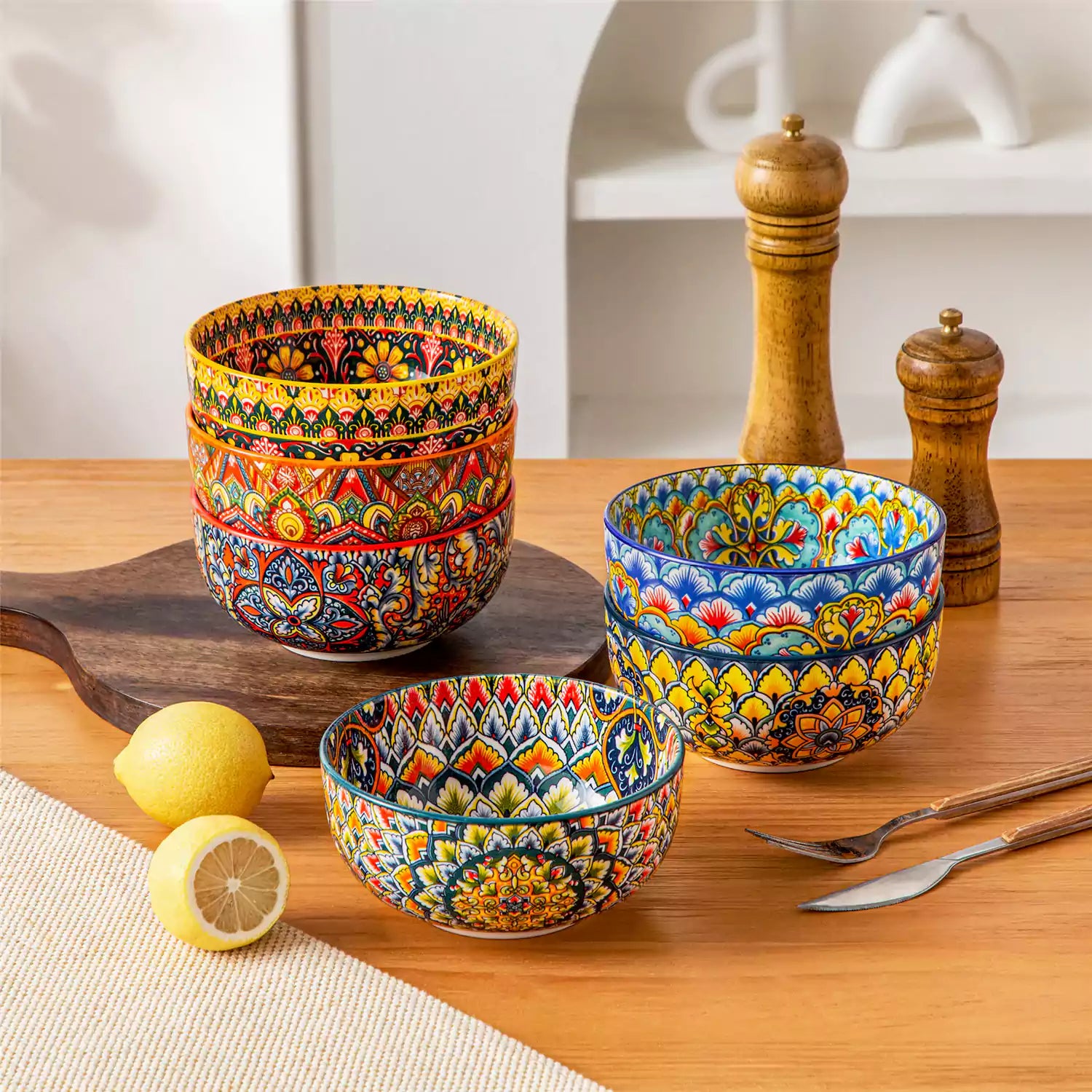 Lumi 28oz porcelain cereal bowl vibrant double sided Bohemian design filled with oatmeal fruit salad creamy soup and seafood risotto