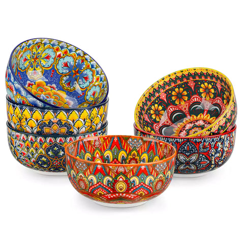 Lumi 28oz porcelain cereal bowl vibrant double sided Bohemian design filled with oatmeal fruit salad creamy soup and seafood risotto