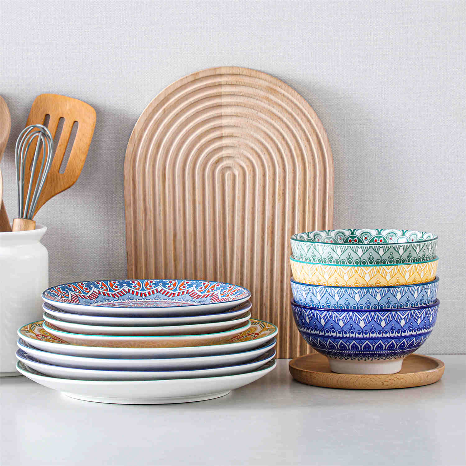Boho Chic Multicolor Mandala 12 Piece Porcelain Dinnerware Set with Bowls and Plates-vancasso