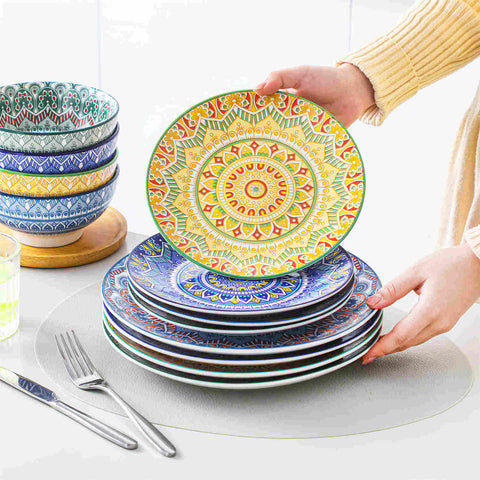 Boho Chic Multicolor Mandala 12 Piece Porcelain Dinnerware Set with Bowls and Plates-vancasso