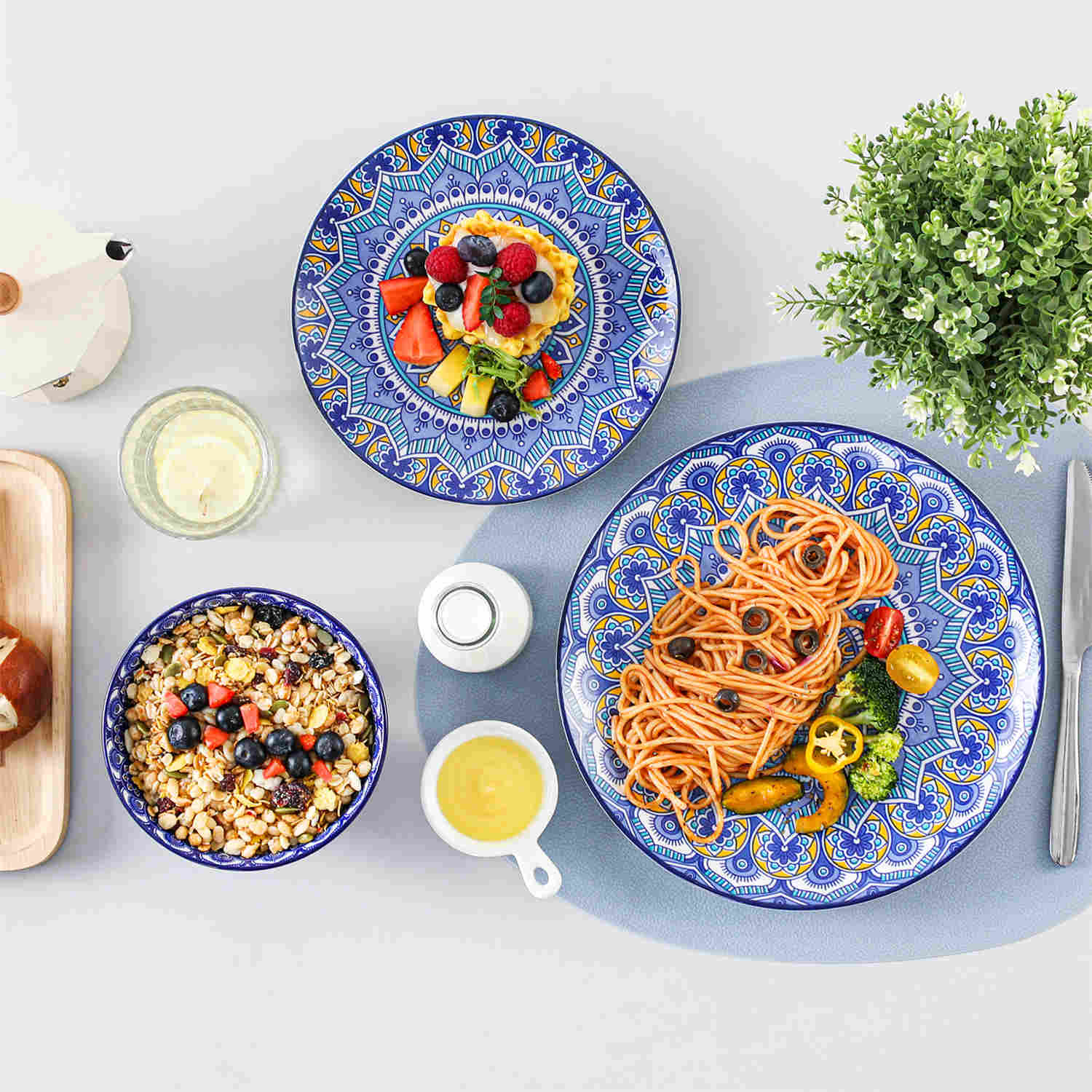 Boho Chic Multicolor Mandala 12 Piece Porcelain Dinnerware Set with Bowls and Plates-vancasso