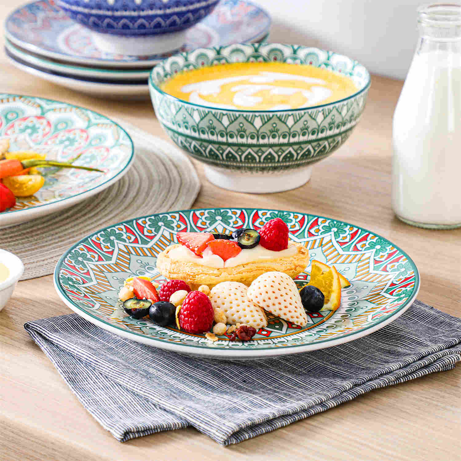 Boho Chic Multicolor Mandala 12 Piece Porcelain Dinnerware Set with Bowls and Plates-vancasso