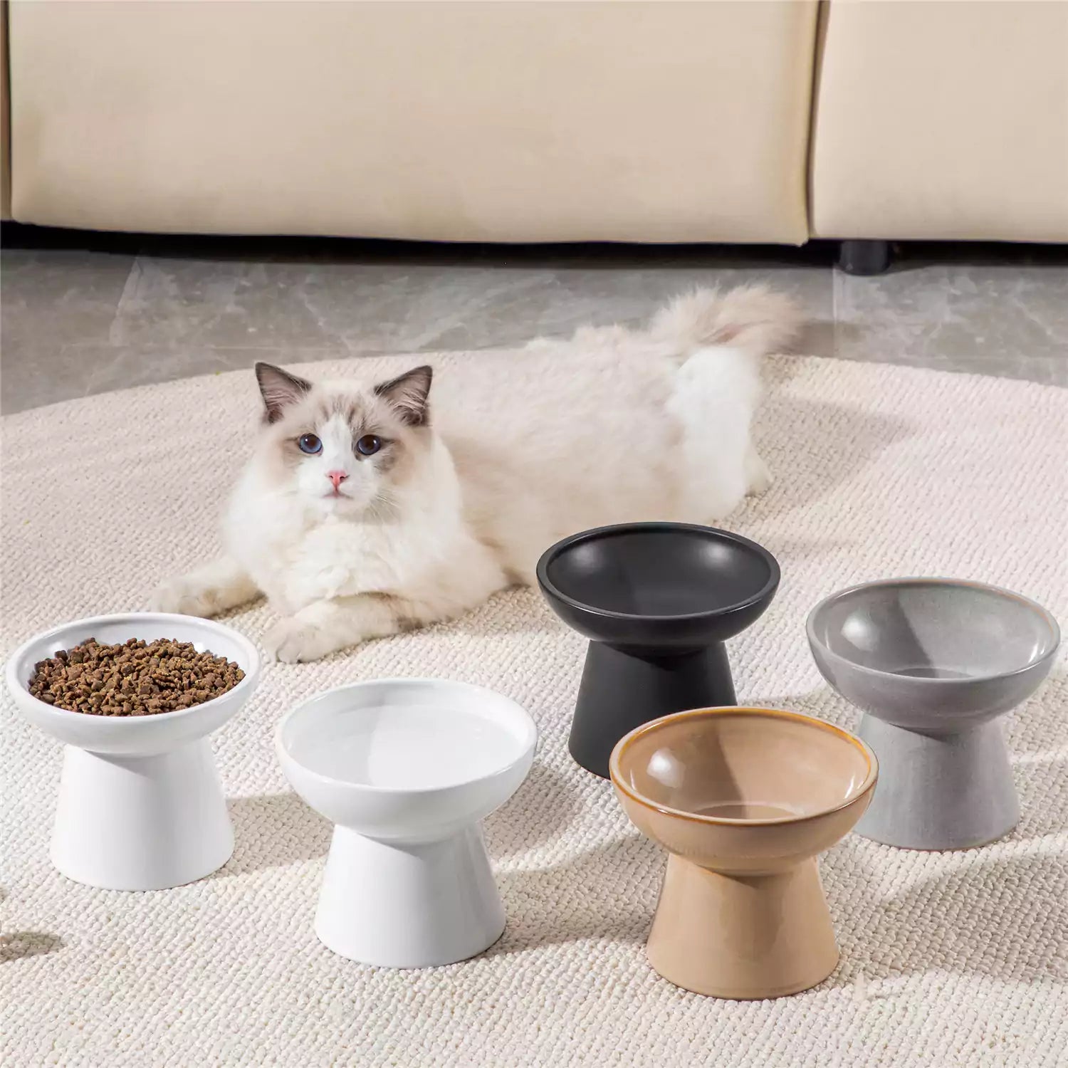 Elevated Cat Bowl Set With Stoneware Shallow Water Bowl And Deep Food Bowl - Designed For Comfortable And Mess-Free Feeding - Black