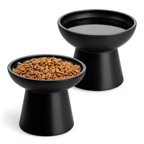 Elevated Cat Bowl Set With Stoneware Shallow Water Bowl And Deep Food Bowl - Designed For Comfortable And Mess-Free Feeding - Black