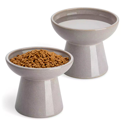 Elevated Cat Bowl Set With Stoneware Shallow Water Bowl And Deep Food Bowl - Designed For Comfortable And Mess-Free Feeding - Grey