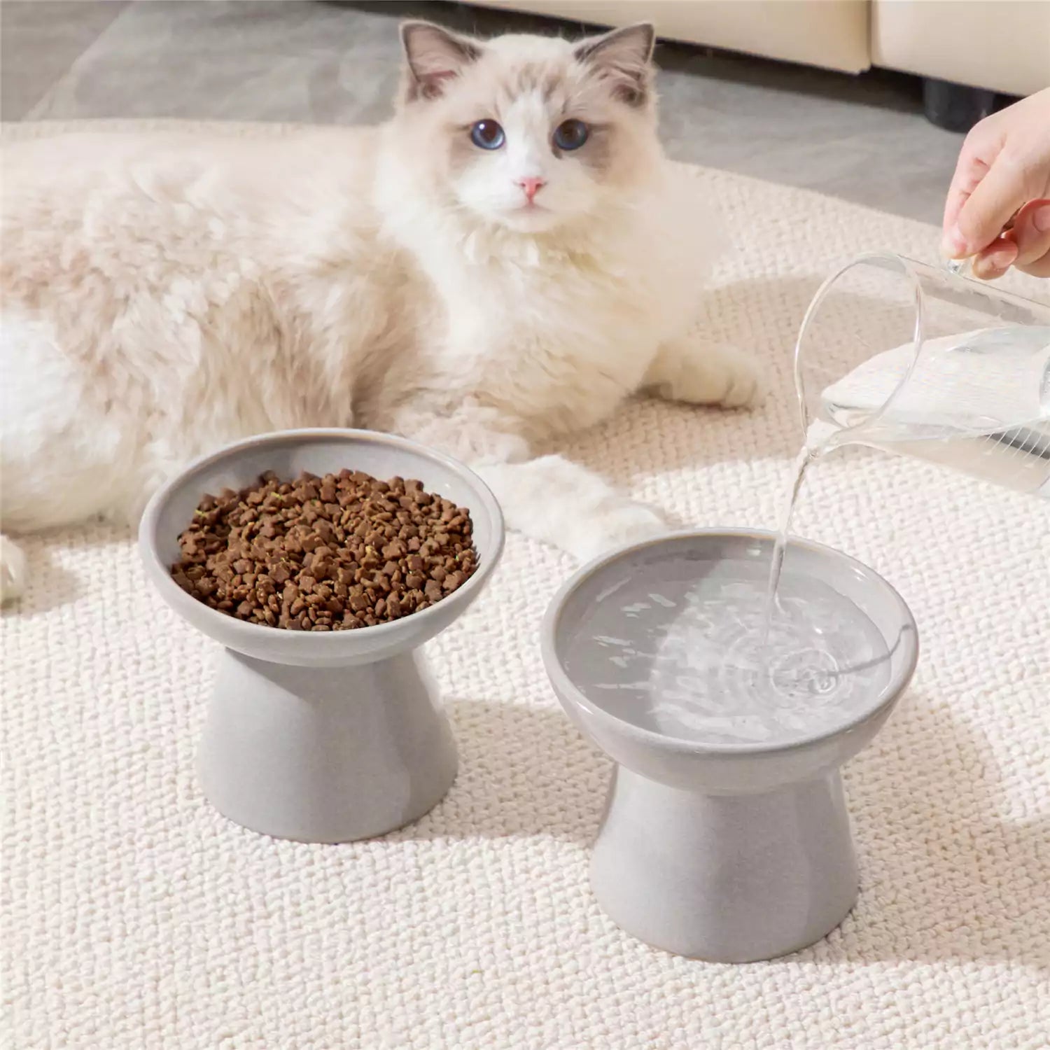 Elevated Cat Bowl Set With Stoneware Shallow Water Bowl And Deep Food Bowl - Designed For Comfortable And Mess-Free Feeding - Grey