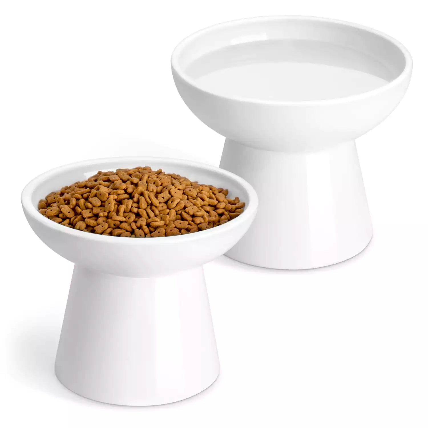 Elevated Cat Bowl Set With Stoneware Shallow Water Bowl And Deep Food Bowl - Designed For Comfortable And Mess-Free Feeding - White
