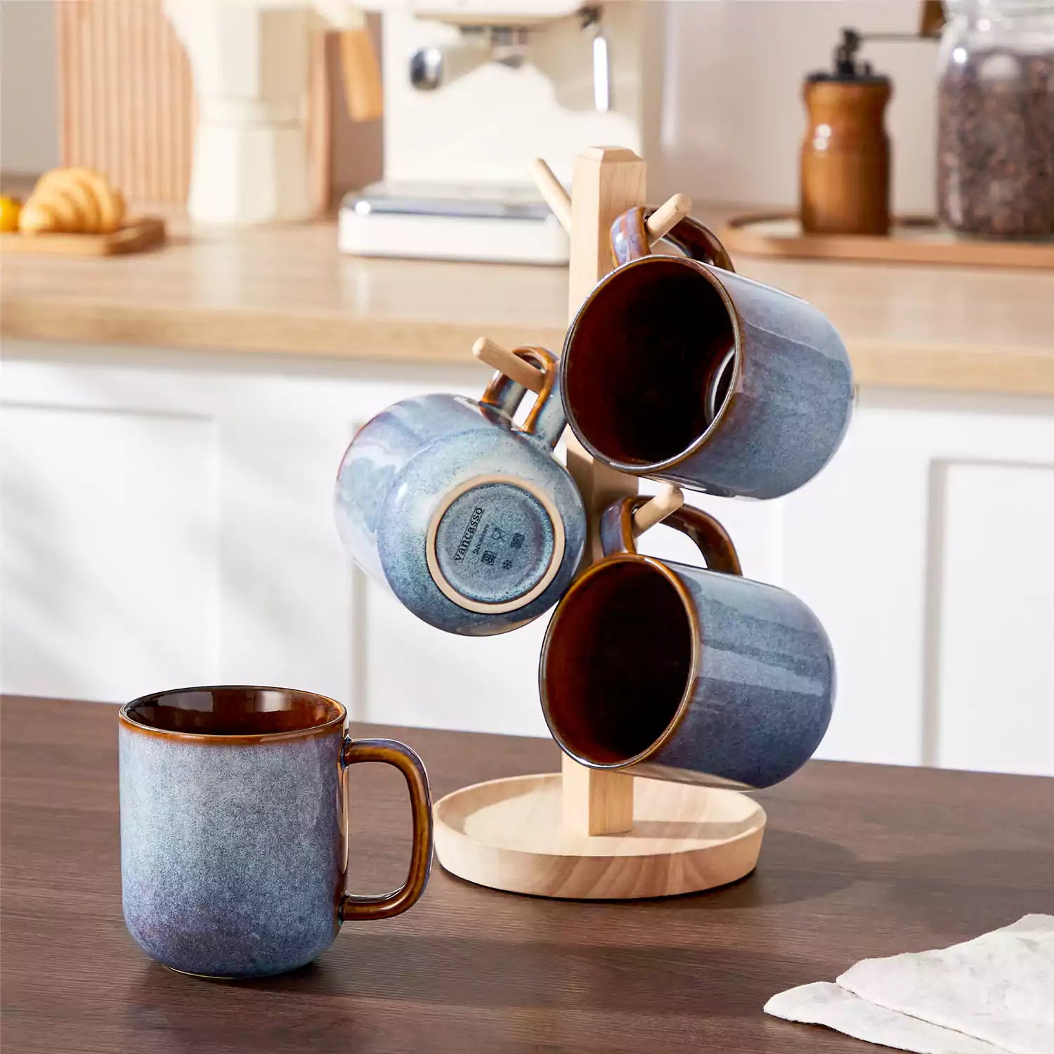 Cup of coffee with latte art cookies and coffee beans on a wooden table featuring onion mugs set of 4 in 16oz