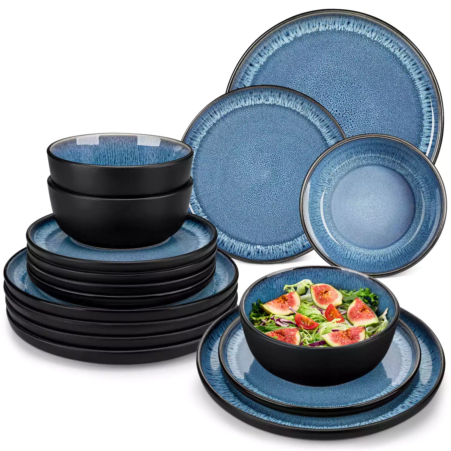 Playa 18-Piece Stoneware Dinnerware Set with plates and bowls for 6 - featuring a unique blue reactive glaze and a farmhouse-inspired style-vancasso