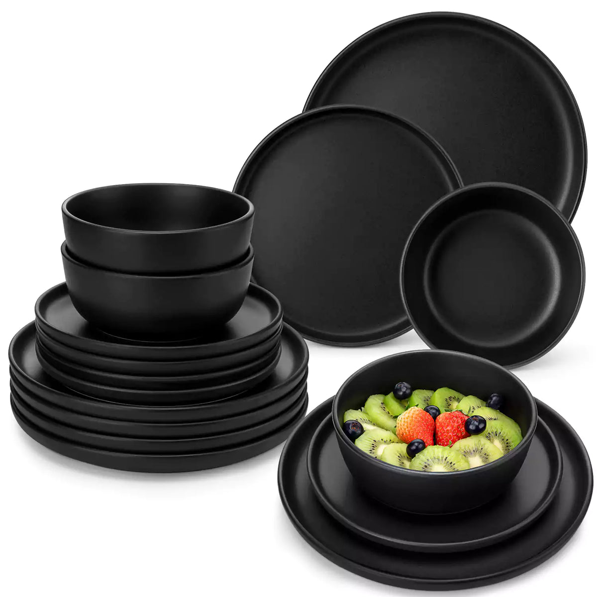 Playa 36 Piece Matte Black Dinnerware Set for 12 ideal for hosting elegant dinners or everyday modern dining.