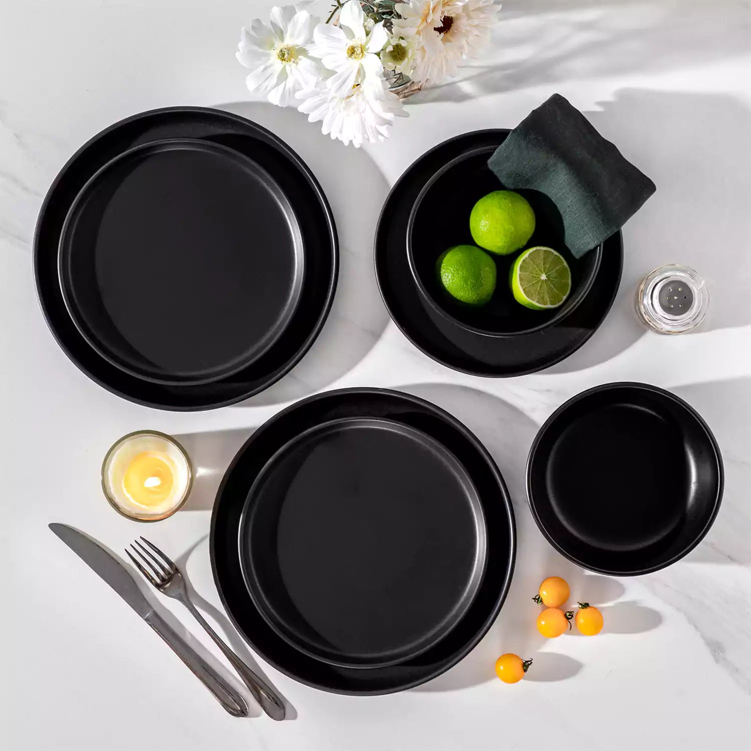 Playa 36 Piece Matte Black Dinnerware Set for 12 ideal for hosting elegant dinners or everyday modern dining.