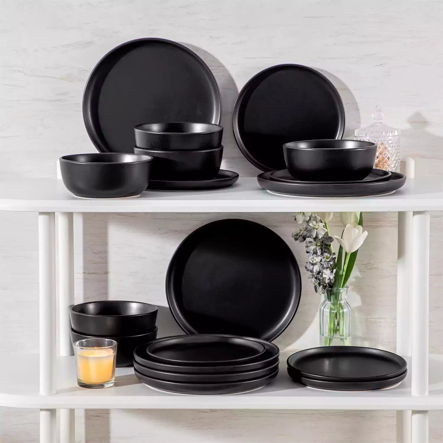 Playa 36 Piece Matte Black Dinnerware Set for 12 ideal for hosting elegant dinners or everyday modern dining.