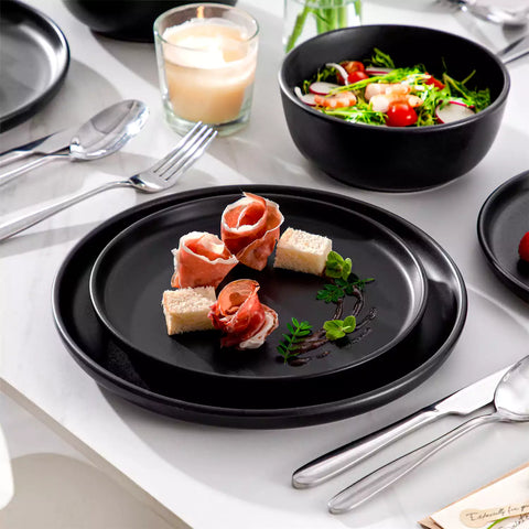 Playa 36 Piece Matte Black Dinnerware Set for 12 ideal for hosting elegant dinners or everyday modern dining.