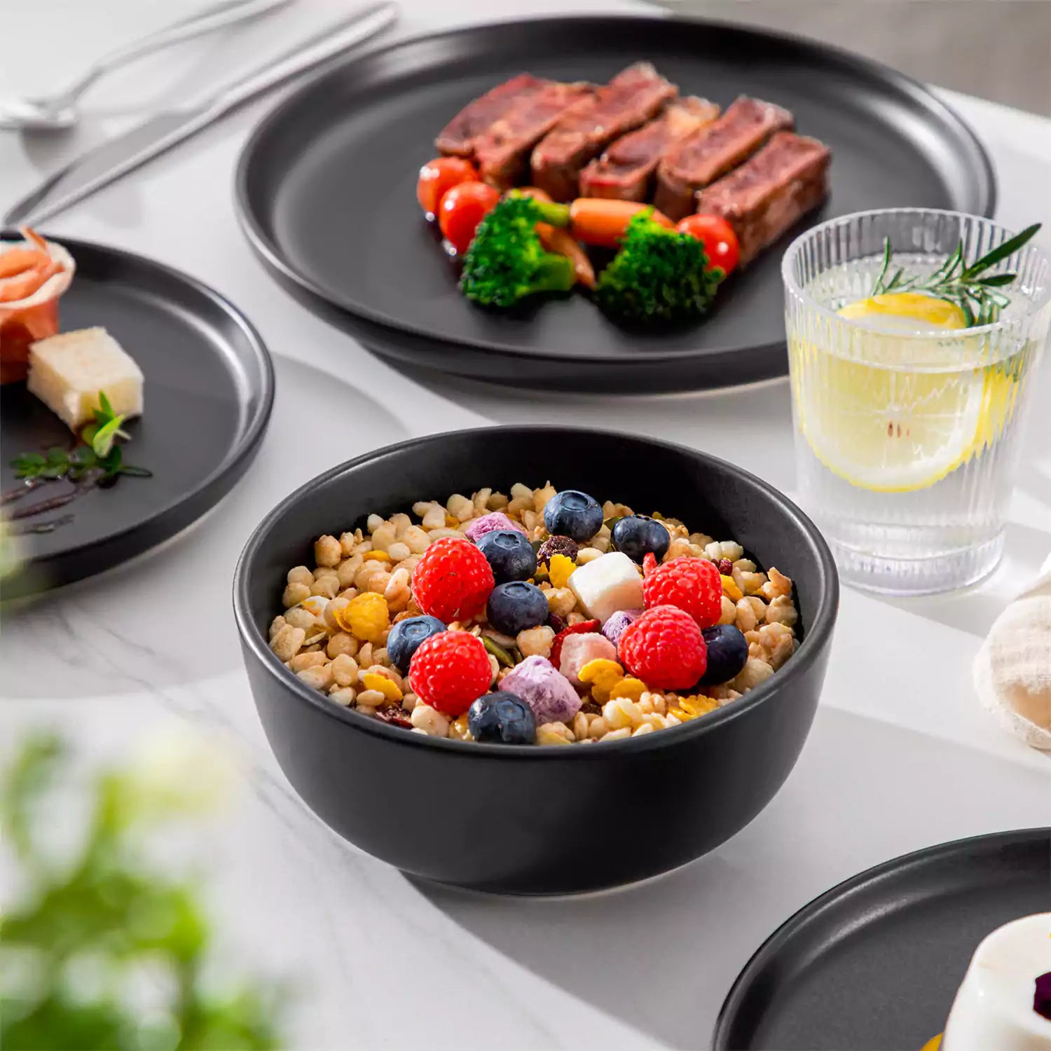 Playa 36 Piece Matte Black Dinnerware Set for 12 ideal for hosting elegant dinners or everyday modern dining.