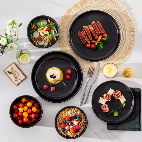 Playa 36 Piece Matte Black Dinnerware Set for 12 ideal for hosting elegant dinners or everyday modern dining.