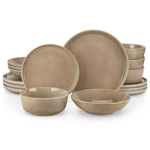 A glossy brown 16-piece stoneware dinnerware set from the Playa collection - featuring farmhouse charm with plates and bowls for 4 people-vancasso