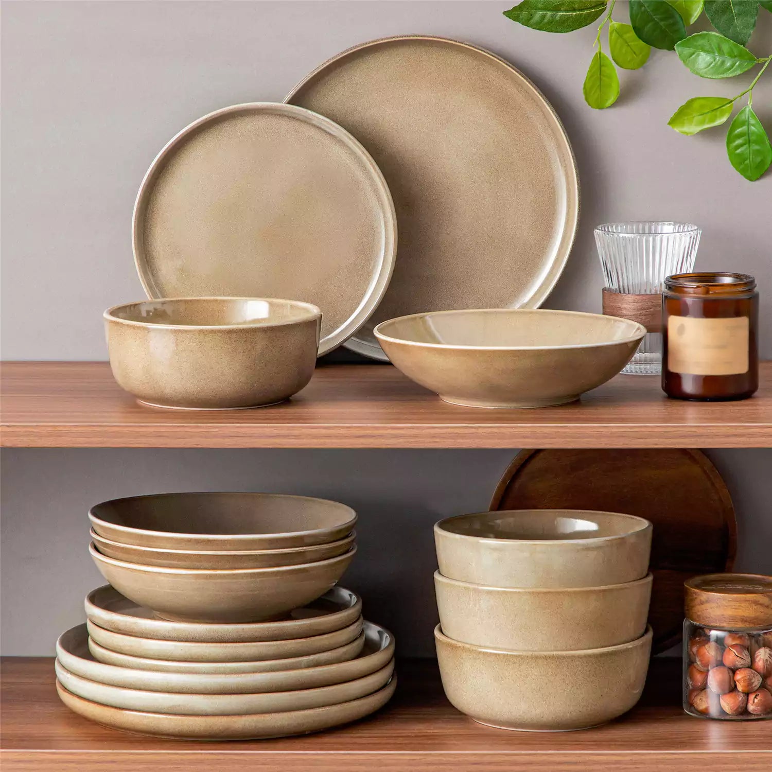 A glossy brown 16-piece stoneware dinnerware set from the Playa collection - featuring farmhouse charm with plates and bowls for 4 people-vancasso