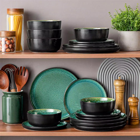 Playa 18-Piece Stoneware Dinnerware Set with plates and bowls for 6 - featuring a unique green reactive glaze and a farmhouse-inspired style-vancasso