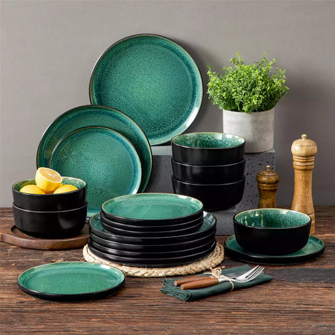 Playa 18-Piece Stoneware Dinnerware Set with plates and bowls for 6 - featuring a unique green reactive glaze and a farmhouse-inspired style-vancasso