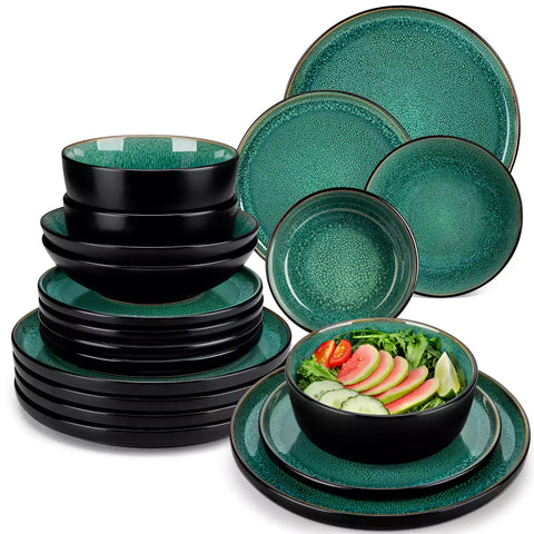 A glossy green 24-piece stoneware dinnerware set from the Playa collection - featuring farmhouse charm with plates and bowls for 6 people-vancasso