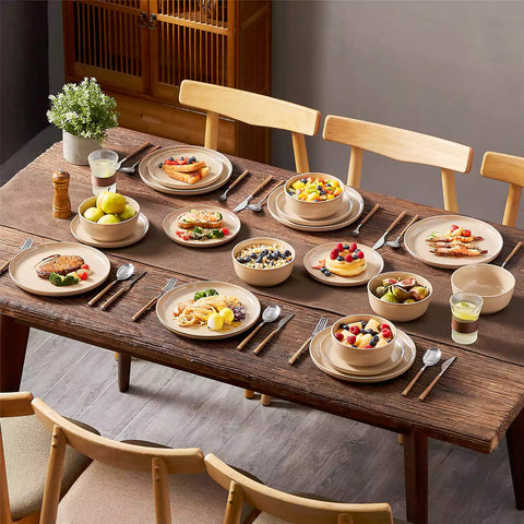 Playa 18-Piece Stoneware Dinnerware Set with plates and bowls for 6 - featuring a unique caramel reactive glaze and a farmhouse-inspired style-vancasso