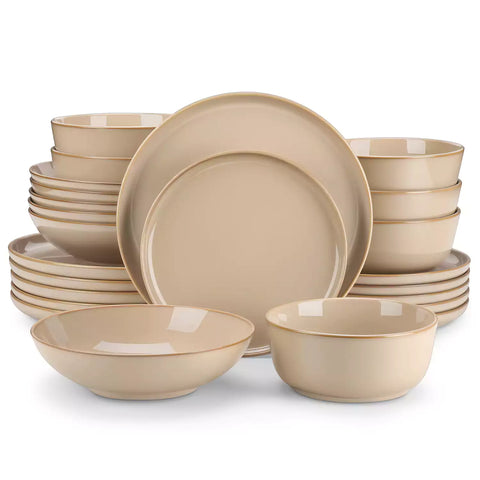 A glossy caramel 24-piece stoneware dinnerware set from the Playa collection - featuring farmhouse charm with plates and bowls for 6 people-vancasso