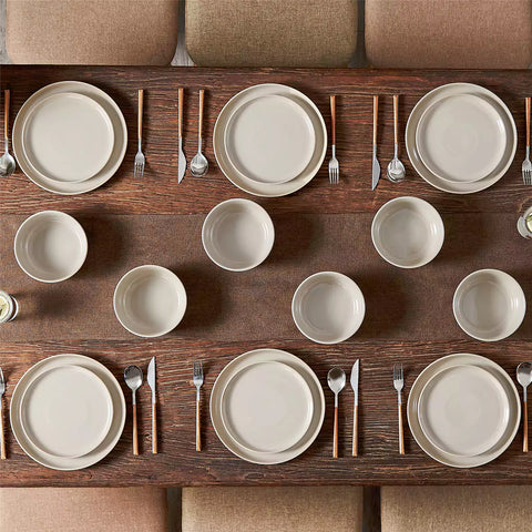 Playa 18-Piece Stoneware Dinnerware Set with plates and bowls for 6 - featuring a unique grey reactive glaze and a farmhouse-inspired style-vancasso