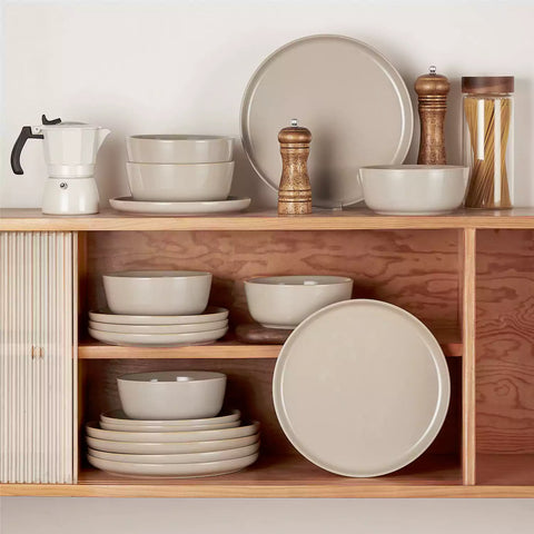Playa 18-Piece Stoneware Dinnerware Set with plates and bowls for 6 - featuring a unique grey reactive glaze and a farmhouse-inspired style-vancasso
