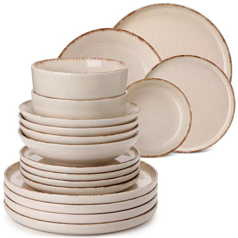 Plays 24-piece stoneware dinnerware set with pasta - soup - and fruit waffle on marble table - featuring sandy speckled plates and bowls with brown rims-vancasso
