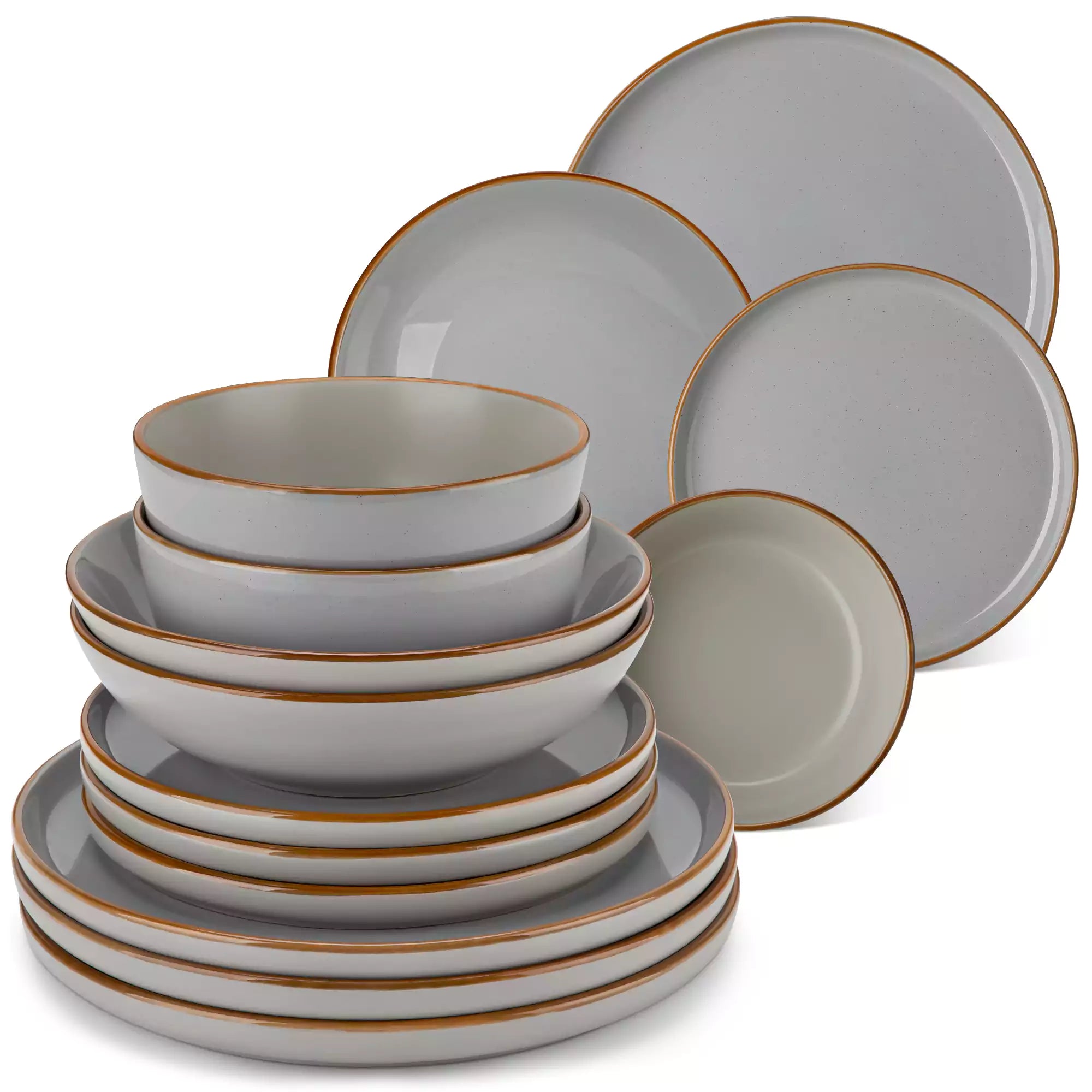 Rustic grey speckled stoneware dinnerware set with lipped-edge plates and bowls arranged on a sunlit modern dining table-vancasso