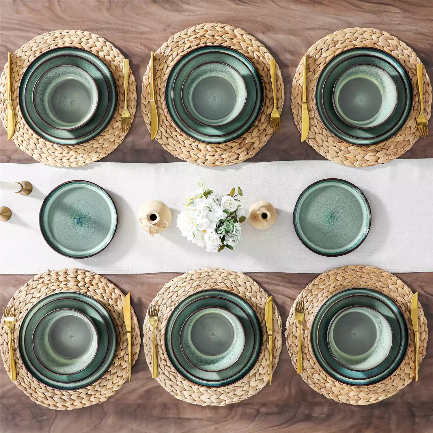 Sata green stoneware dinnerware set styled dining table with dinner plates salad plates pasta bowls cereal bowls silverware and floral centerpiece farmhouse reactive glaze service for 6