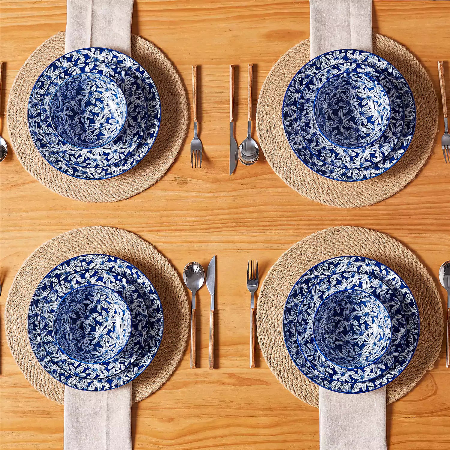 Selene 12-Piece Porcelain Dinnerware Set with blue and white Lily pattern and Japanese-inspired design - including matching plates and bowls-vancasso