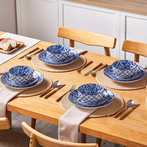 Selene 12-Piece Porcelain Dinnerware Set with blue and white Lily pattern and Japanese-inspired design - including matching plates and bowls-vancasso