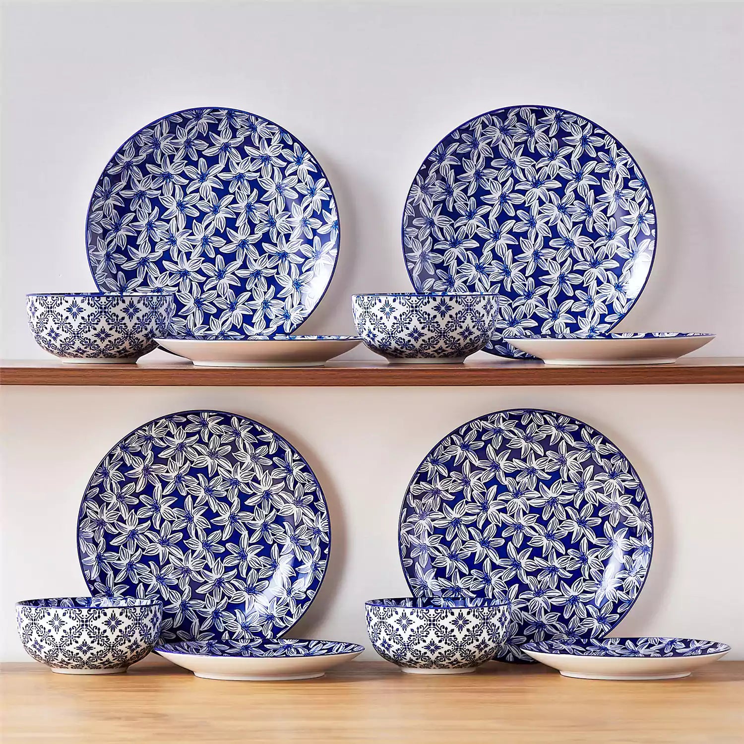 Selene 12-Piece Porcelain Dinnerware Set with blue and white Lily pattern and Japanese-inspired design - including matching plates and bowls-vancasso