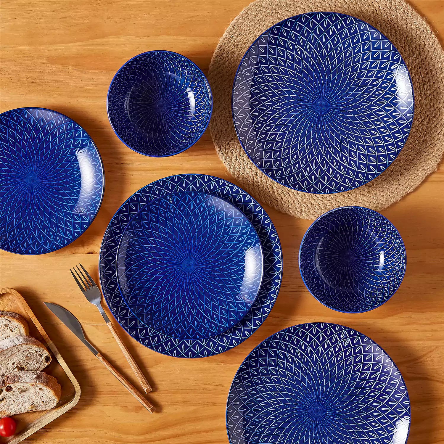 Selene 12-Piece Porcelain Dinnerware Set with blue and white Flame pattern and Japanese-inspired design - including matching plates and bowls-vancasso