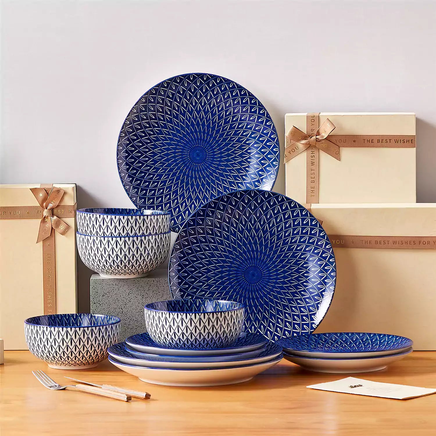 Selene 12-Piece Porcelain Dinnerware Set with blue and white Flame pattern and Japanese-inspired design - including matching plates and bowls-vancasso