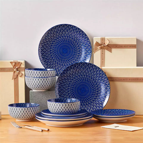 Selene 12-Piece Porcelain Dinnerware Set with blue and white Flame pattern and Japanese-inspired design - including matching plates and bowls-vancasso