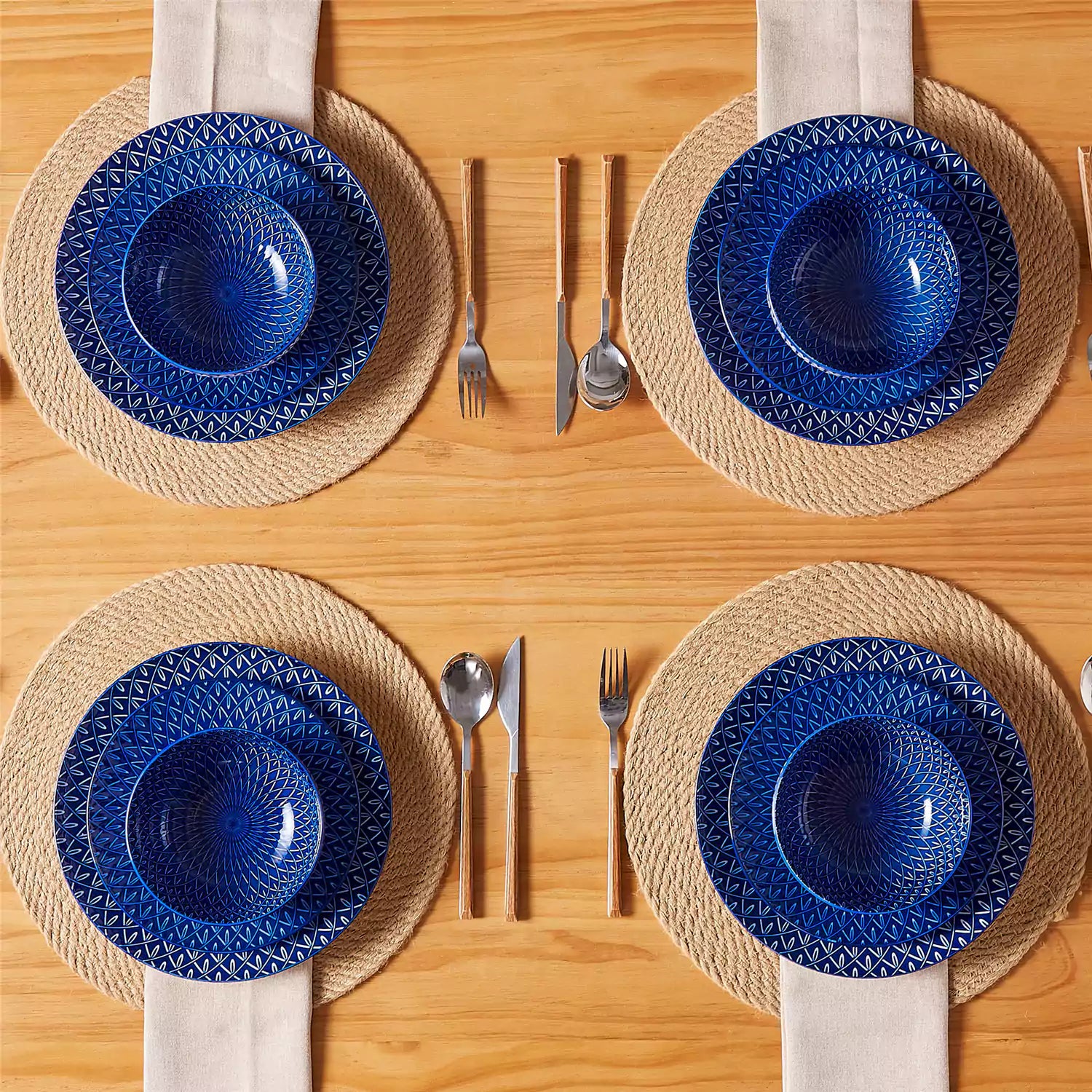 Selene 12-Piece Porcelain Dinnerware Set with blue and white Flame pattern and Japanese-inspired design - including matching plates and bowls-vancasso