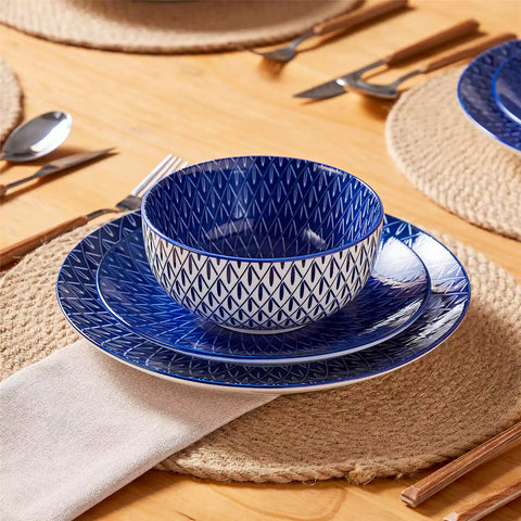 Selene 12-Piece Porcelain Dinnerware Set with blue and white Flame pattern and Japanese-inspired design - including matching plates and bowls-vancasso