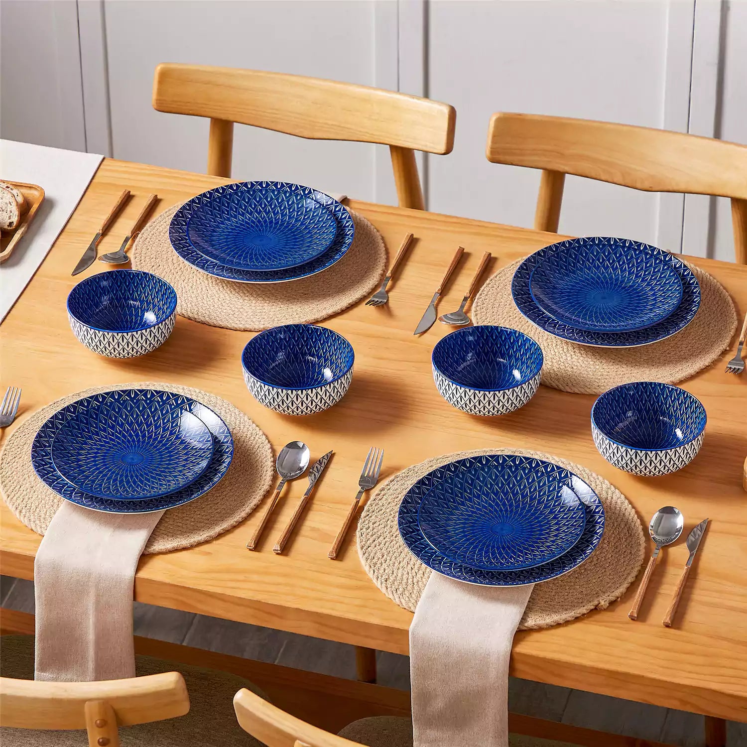 Selene 12-Piece Porcelain Dinnerware Set with blue and white Flame pattern and Japanese-inspired design - including matching plates and bowls- vancasso