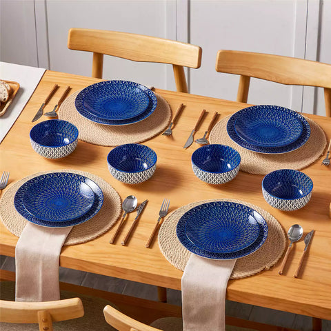 Selene 12-Piece Porcelain Dinnerware Set with blue and white Flame pattern and Japanese-inspired design - including matching plates and bowls- vancasso
