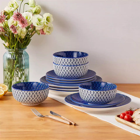 Selene 12-Piece Porcelain Dinnerware Set with blue and white Flame pattern and Japanese-inspired design - including matching plates and bowls-vancasso
