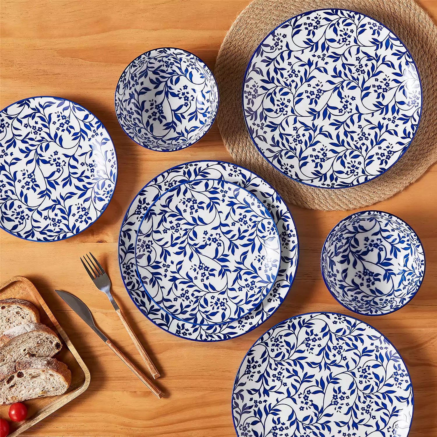 Selene 12-Piece Porcelain Dinnerware Set with blue and white Vine pattern and Japanese-inspired design - including matching plates and bowls-vancasso