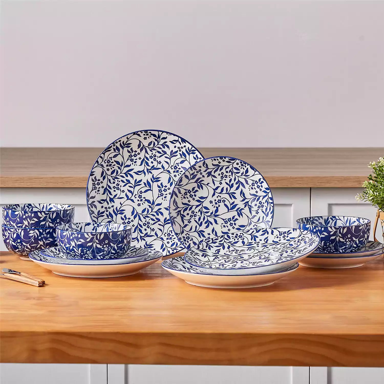 Selene 12-Piece Porcelain Dinnerware Set with blue and white Vine pattern and Japanese-inspired design - including matching plates and bowls-vancasso
