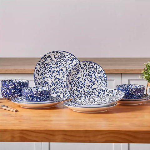 Selene 12-Piece Porcelain Dinnerware Set with blue and white Vine pattern and Japanese-inspired design - including matching plates and bowls-vancasso