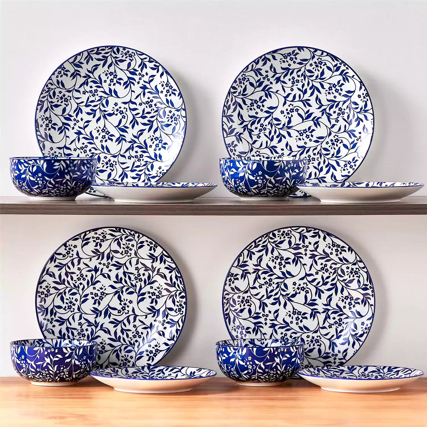 Selene 12-Piece Porcelain Dinnerware Set with blue and white Vine pattern and Japanese-inspired design - including matching plates and bowls-vancasso
